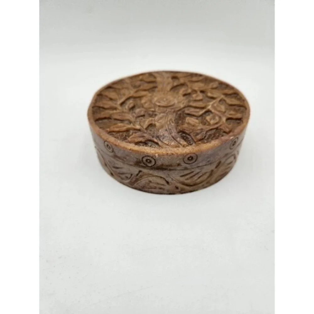Vintage Carved Soapstone Hinged Round Trinket Jewelry‎ Keepsake Box With Lid